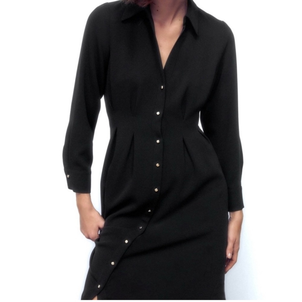 Zara Black Pleated Button-Down Dress - Picture 2 of 8